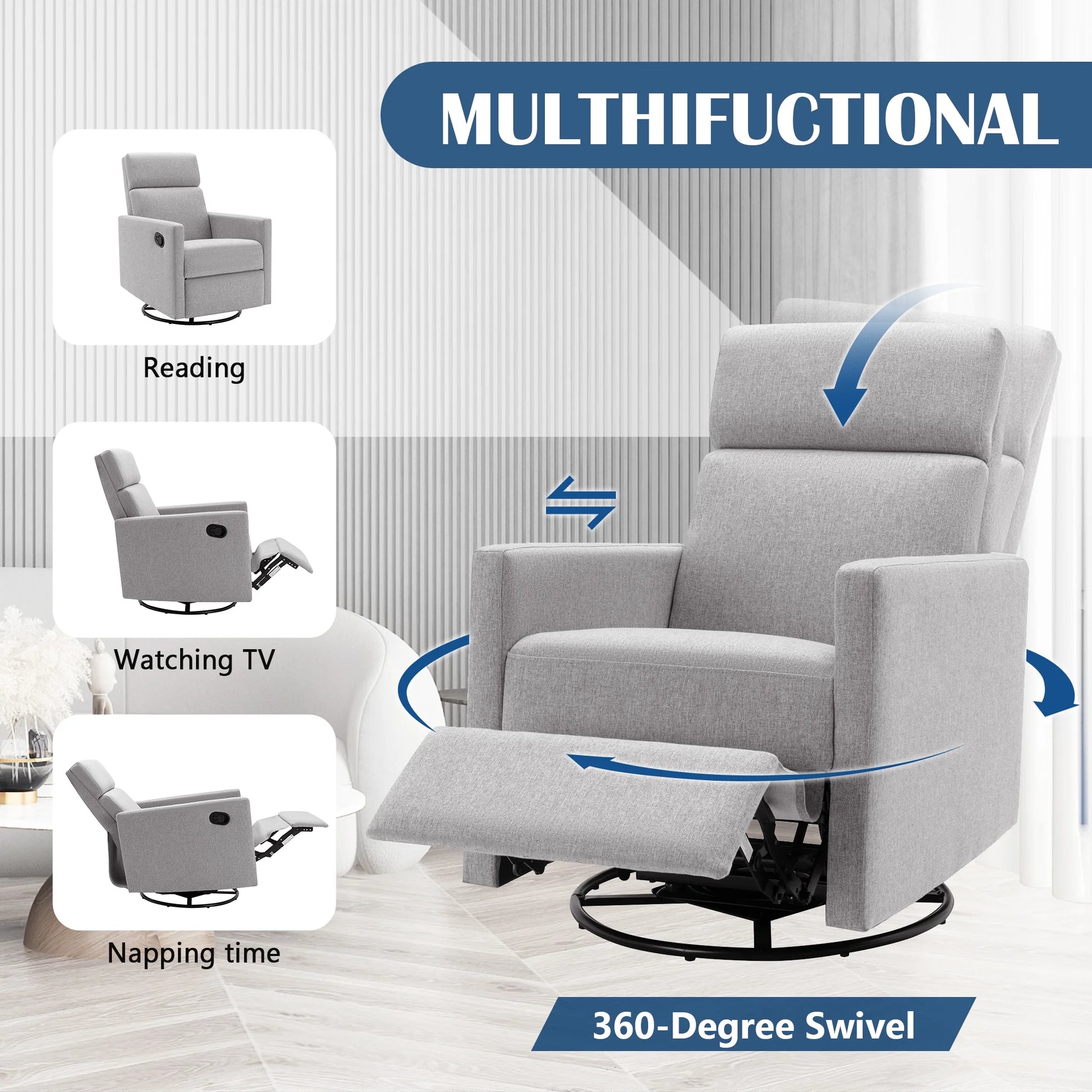 Modern Upholstered Glider, Swivel & Recliner Nursery Chair. 