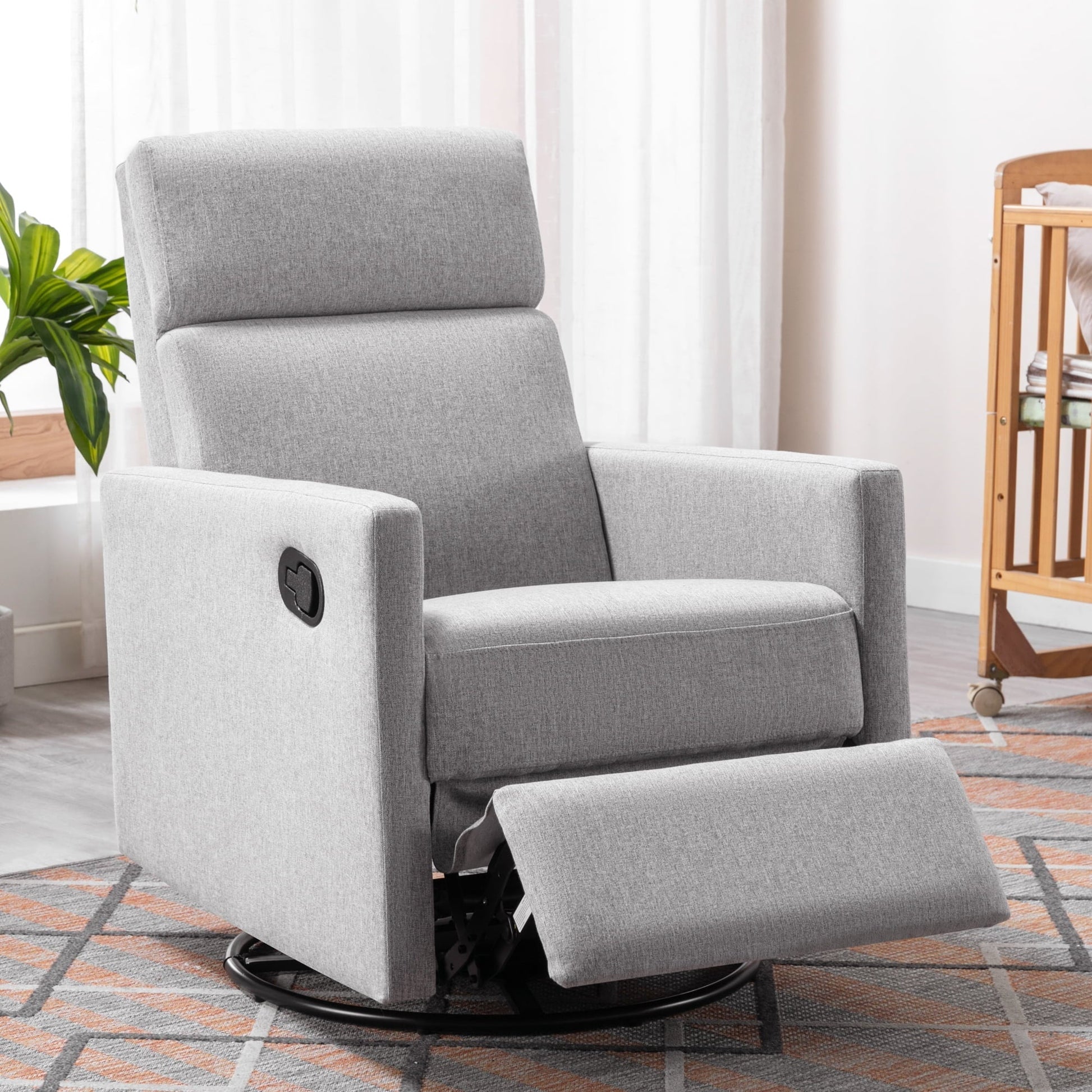Modern Upholstered Glider, Swivel & Recliner Nursery Chair in Grey. 