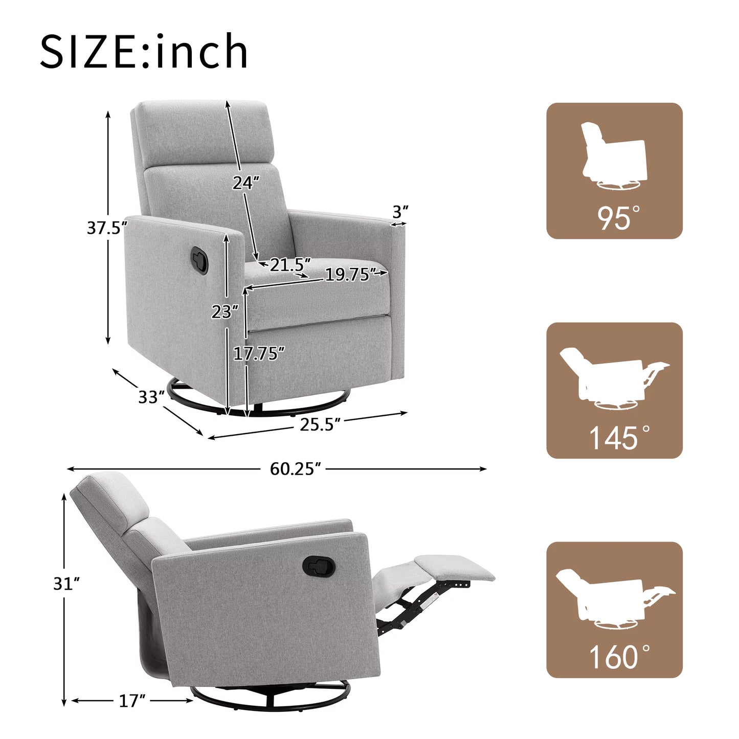 Modern Upholstered Glider, Swivel & Recliner Nursery Chair. 