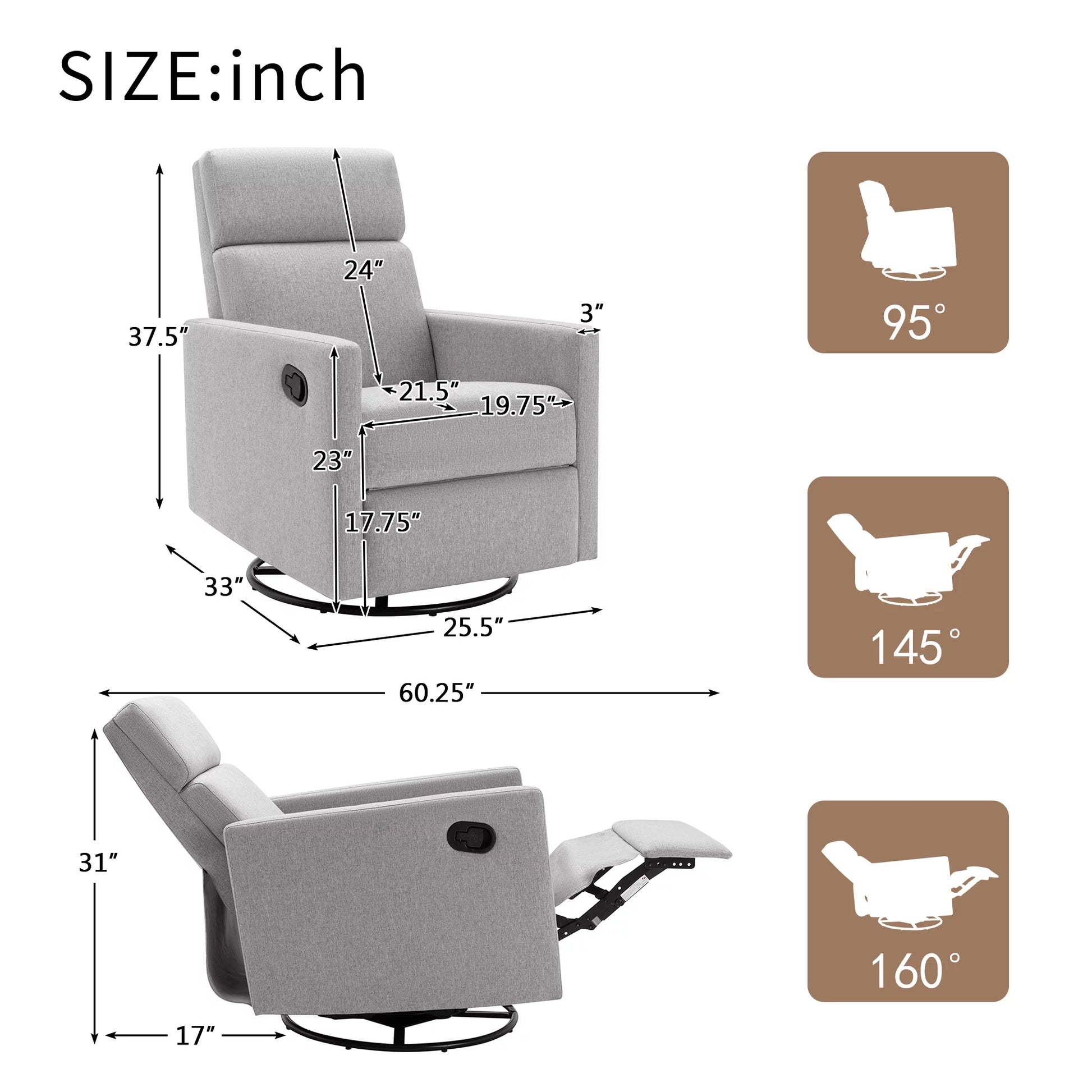 Modern Upholstered Glider, Swivel & Recliner Nursery Chair. 