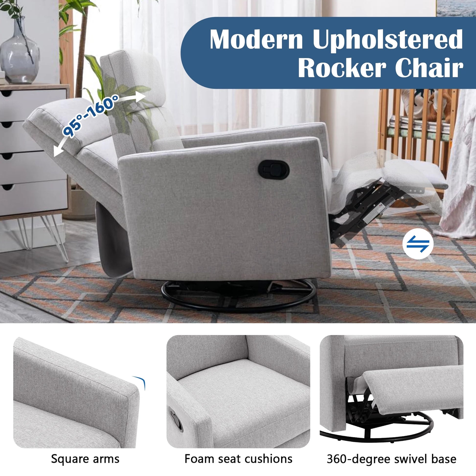 Modern Upholstered Glider, Swivel & Recliner Nursery Chair. 