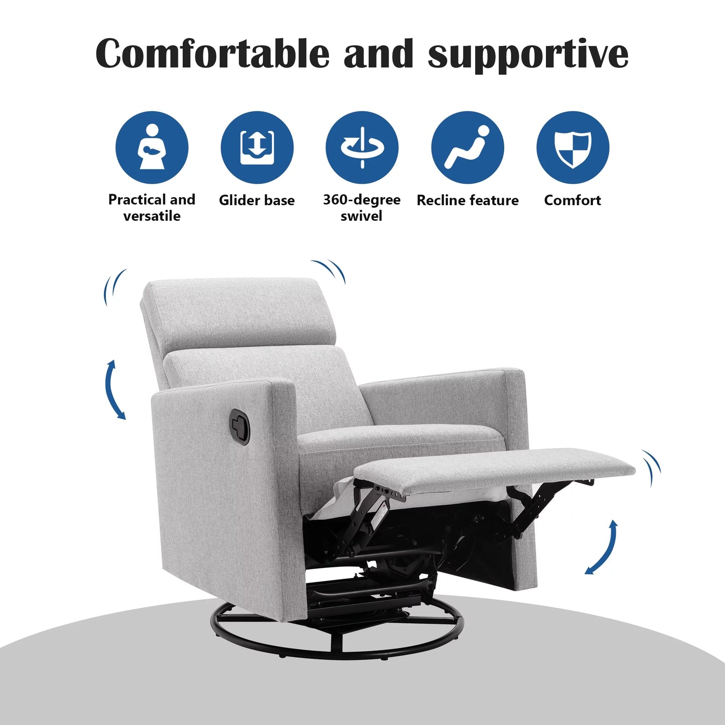Modern Upholstered Glider, Swivel & Recliner Nursery Chair. 