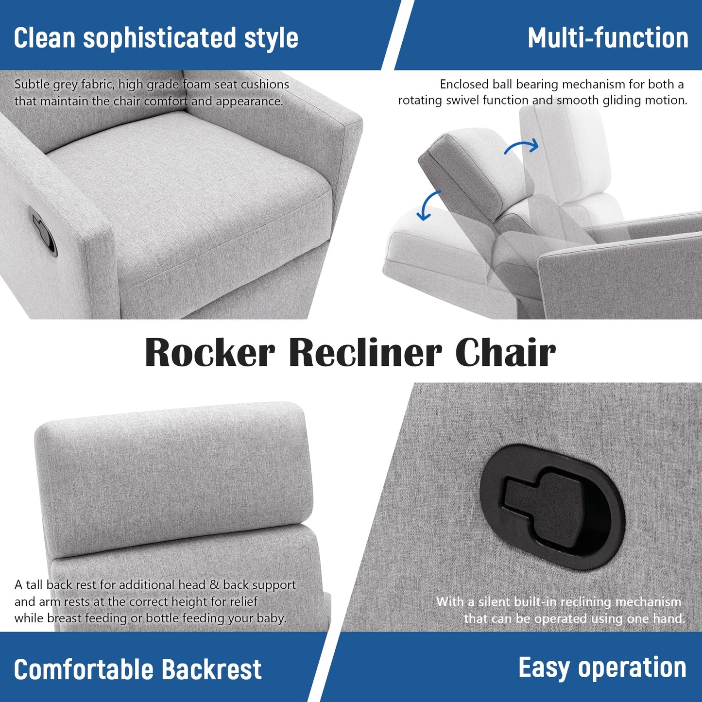 Modern Upholstered Glider, Swivel & Recliner Nursery Chair. 